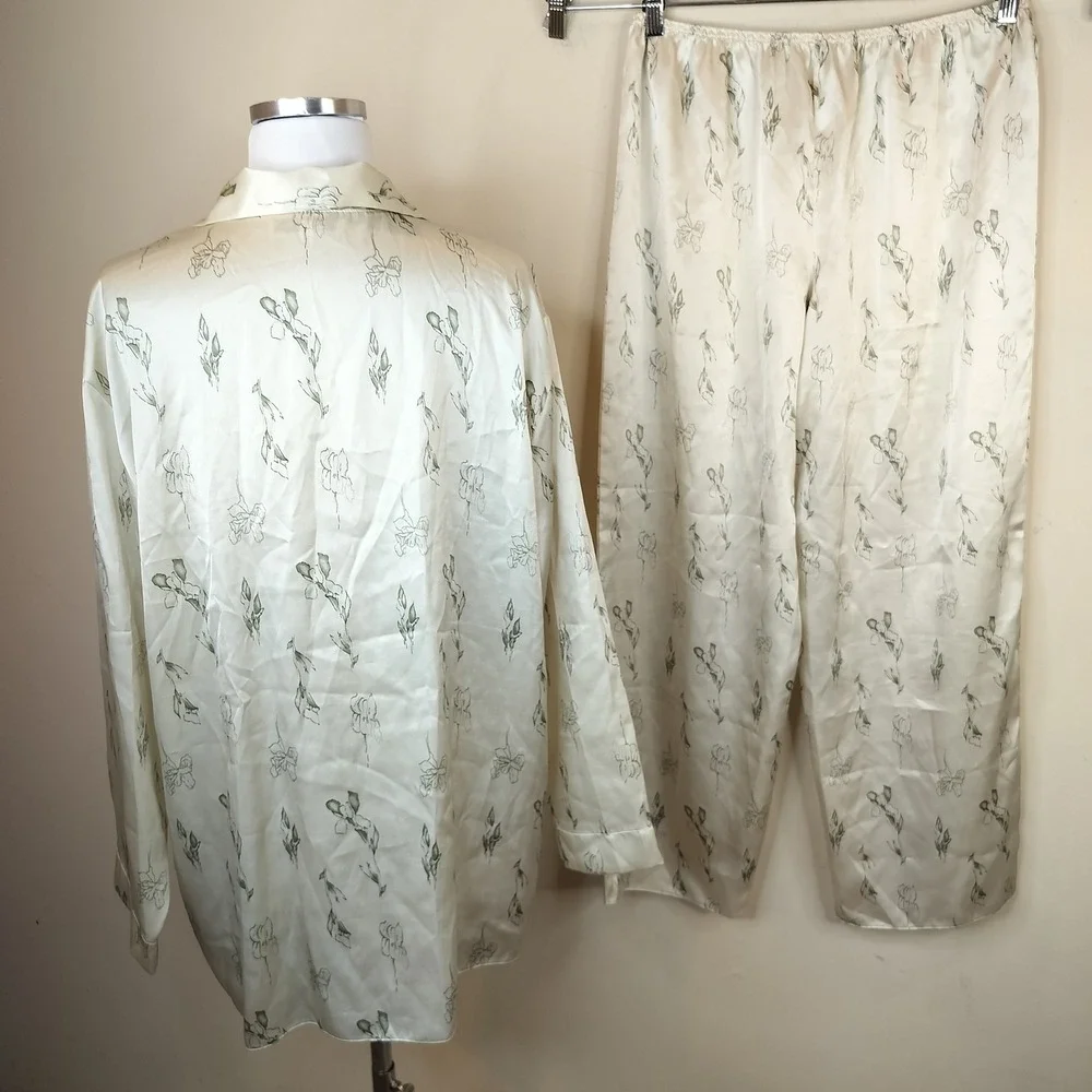 Womens Floral Satin Pajama Set Large Sleepwear Olive Green Shirt Pants